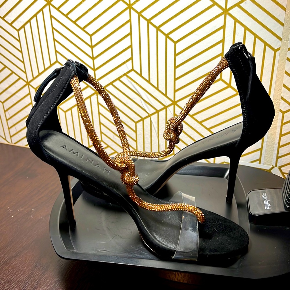 Hand embellished Crystal rope detail,Black Suede Upper, 4" heel height
